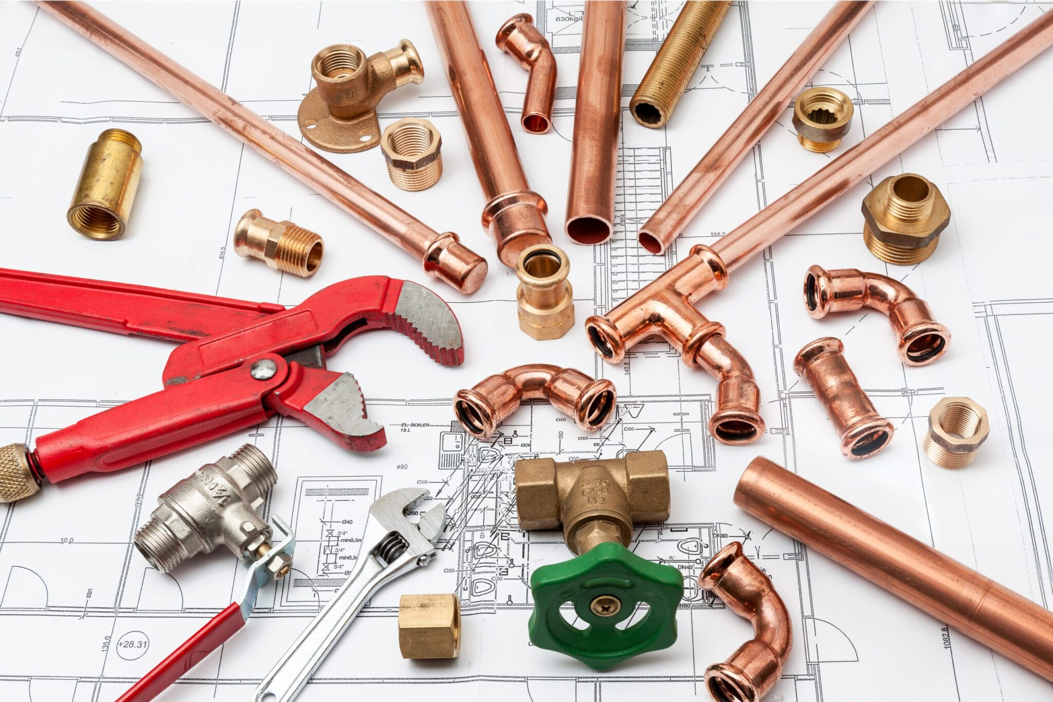 Copper pipes, fittings, valves, and plumbing tools in Fontana