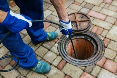 Plumber cleaning an outdoor sewer drain in Fontana