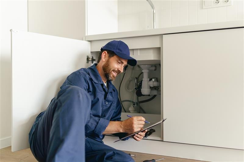 Residential plumber reviewing plumbing repairs in a Fontana kitchen