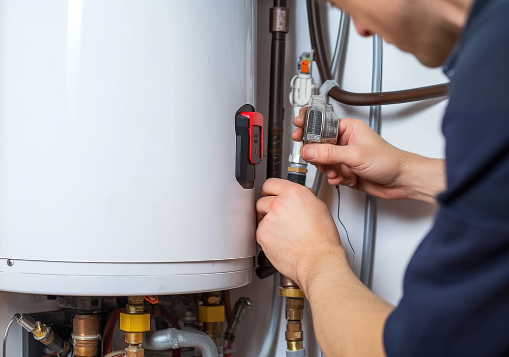 Technician repairing pipes connected to a water heater in Fontana